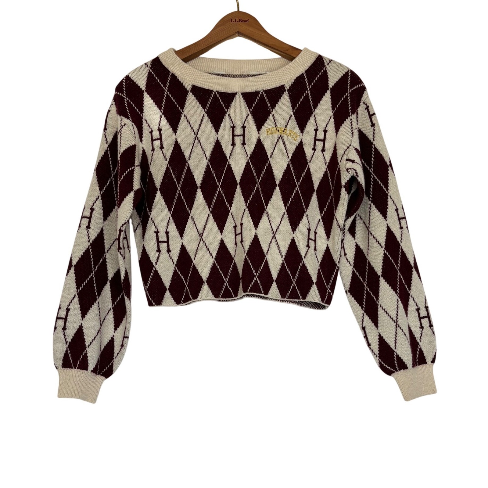 H&M Harry Potter Hogwarts Argyle Sweater Burgundy Cream Cropped Knit Womens M